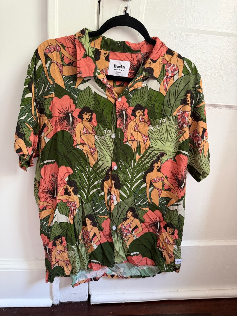 Duvin Tropical Print Short Sleeve Button-Down Shirt - Green/Pink